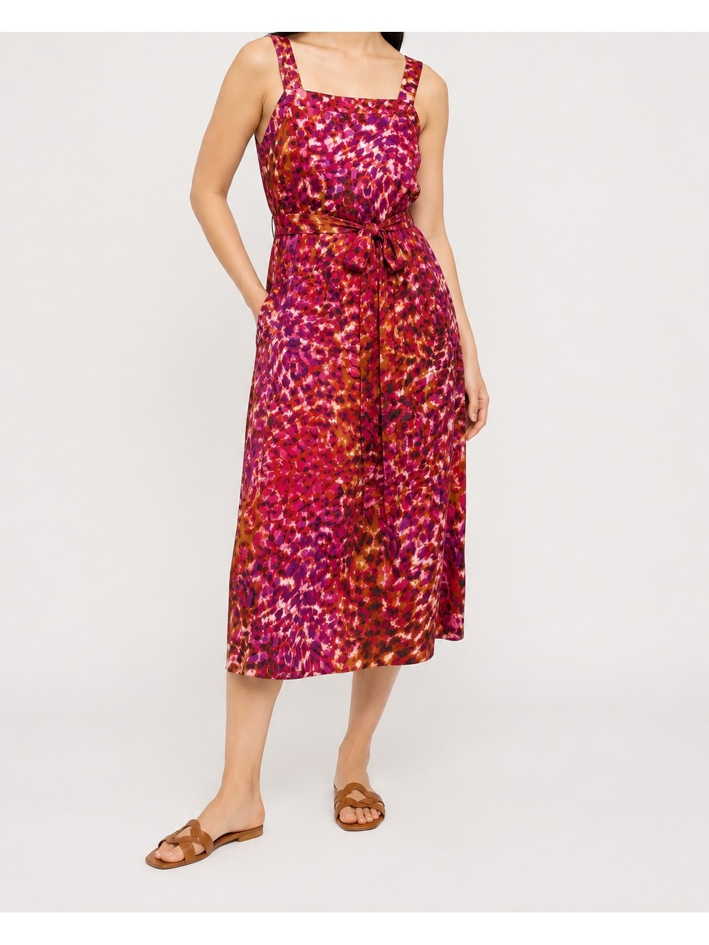 Natori Printed Midi Dress Size Large Magenta Brown Sleeveless Waist Dress Resort
